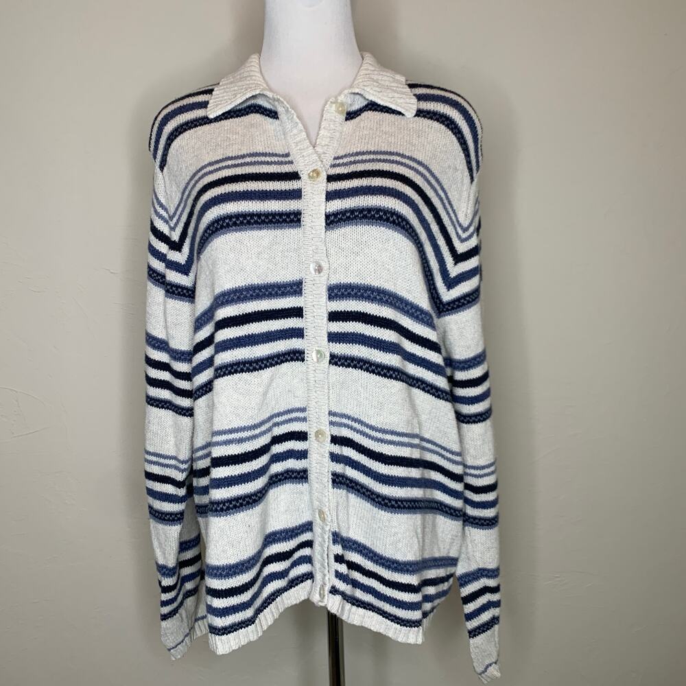 Cream Blue Stripe Button Front Cotton Cardigan Sz XL